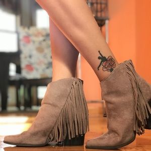 Candie’s Roadhouse Taupe Fringe Suede Ankle Boots